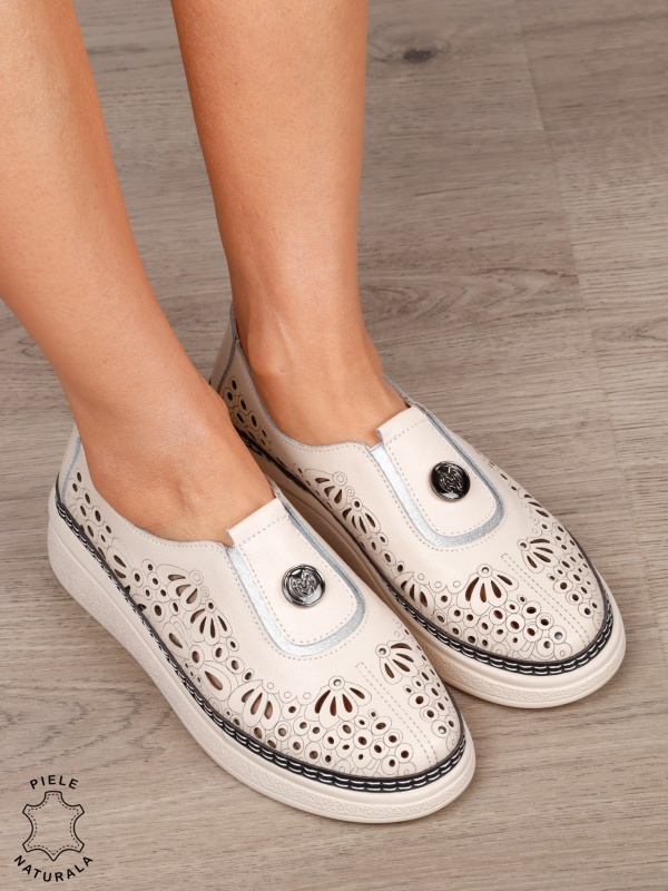 Pantofi Casual dama din Piele naturala cu model Perforat CRL1600 BEJ - Img 3