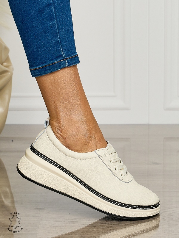 Pantofi CASUAL dama din piele naturala cu siret CONFORTABILE CRL1460 BEJ - Img 2