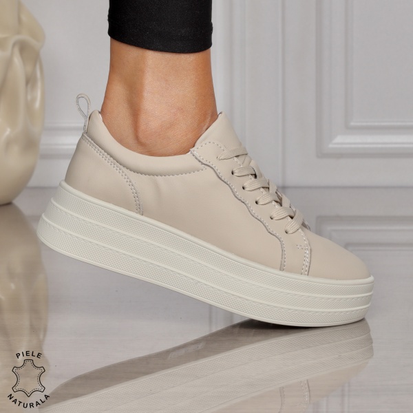 Pantofi CASUAL damă din piele naturală CU SIRET SI TALPA INALTA CRL1454 BEJ - Img 2
