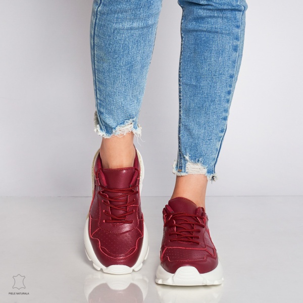 Pantofi Casual dama din Piele naturala cu talpa groasa CRL0046 Bordo - Img 2