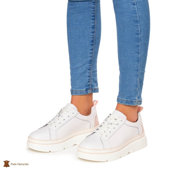 Pantofi Casual dama din Piele naturala cu talpa groasa CRL0054 ALB CU ROZ - Img 2
