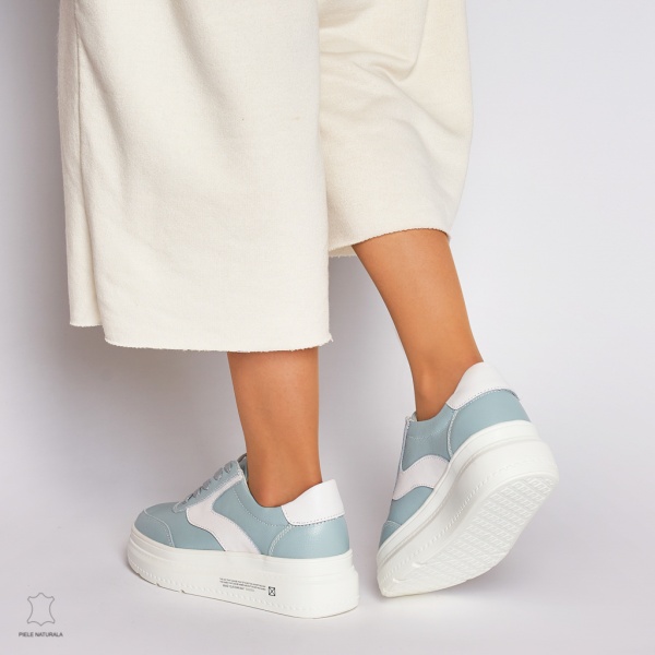 Pantofi Casual dama din Piele naturala cu talpa plata Multicolor CRL0041 Albastru - Img 3