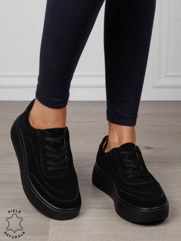 Pantofi Casual dama din Piele Naturala Intoarsa CRL1539 NEGRU - Img 2
