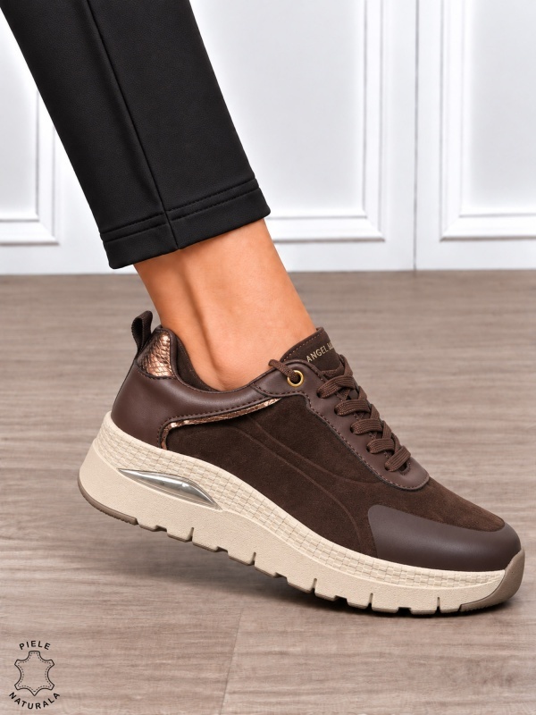 Pantofi casual damă din piele naturală întoarsă cu finisaj catifelat CRL1914 CAFENIU - Img 2