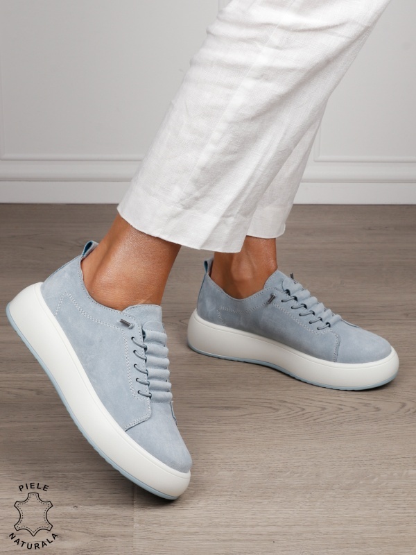 Pantofi Casual dama din Piele Naturala Intoarsa cu siret special CRL1550ALBASTRU - Img 2