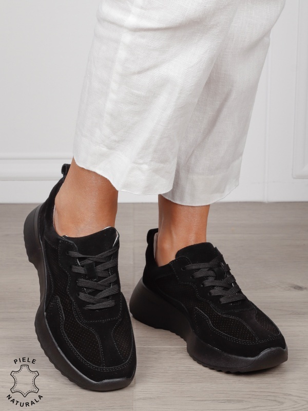 Pantofi Casual dama din Piele Naturala Intoarsa cu talpa inalta CRL1553 negru - Img 2