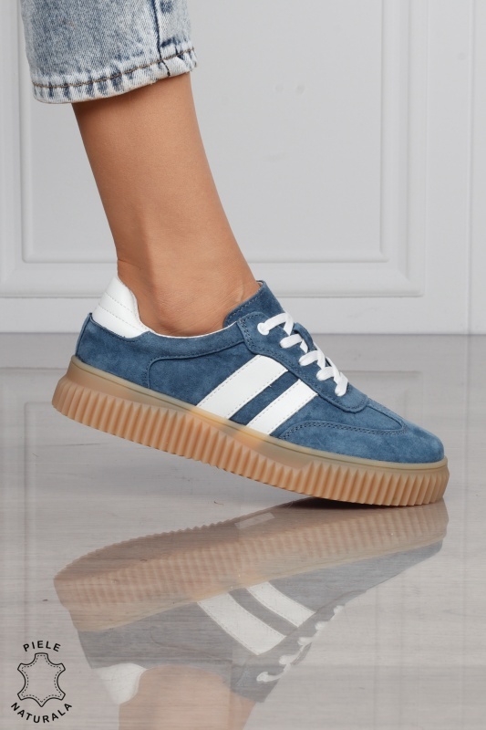 Pantofi Casual DAMA din Piele Naturala intoarsa, Model Retro CRL1531ALBASTRU - Img 2