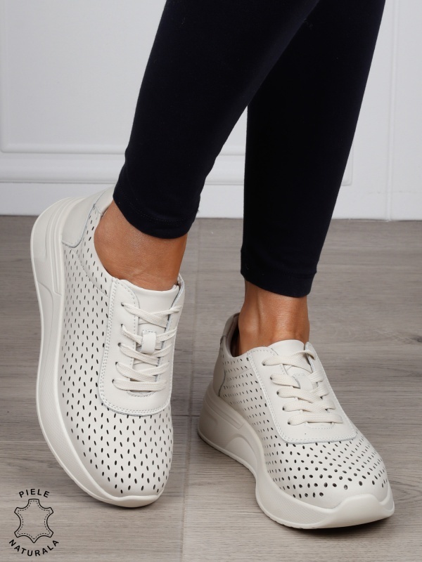 Pantofi Casual dama din Piele Naturala mici perforati CRL1541 BEJ - Img 2