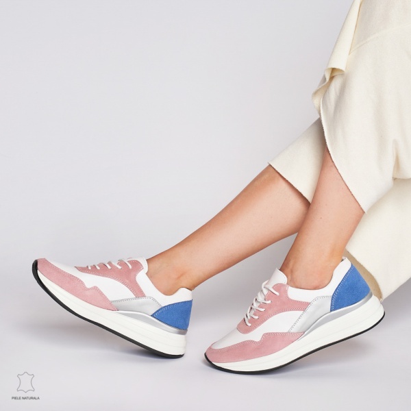 Pantofi Casual dama din Piele naturala Multicolor CRL1234 ALB CU ROZ - Img 4