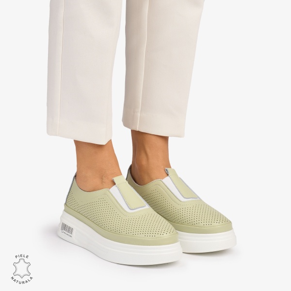 Pantofi Casual dama din Piele Naturala Perforata cu elastic frontal CRL1068 CULOARE: BARILLA - Img 2