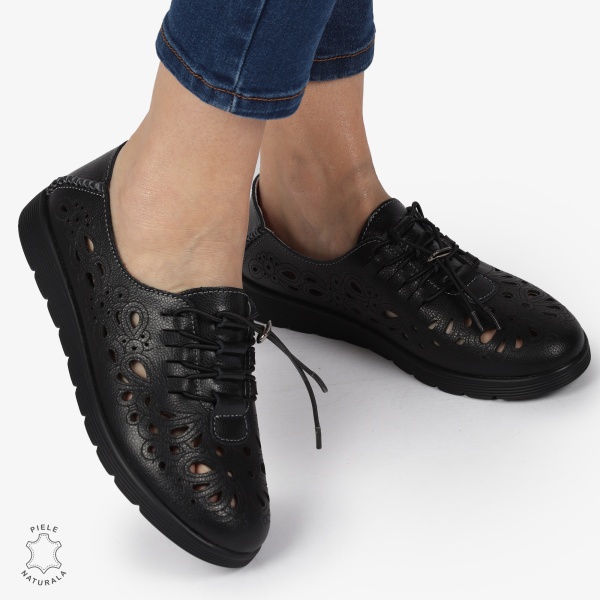 PANTOFI CASUAL dama din Piele naturala PERFORATA CU MODEL CRL1356 NEGRU - Img 4
