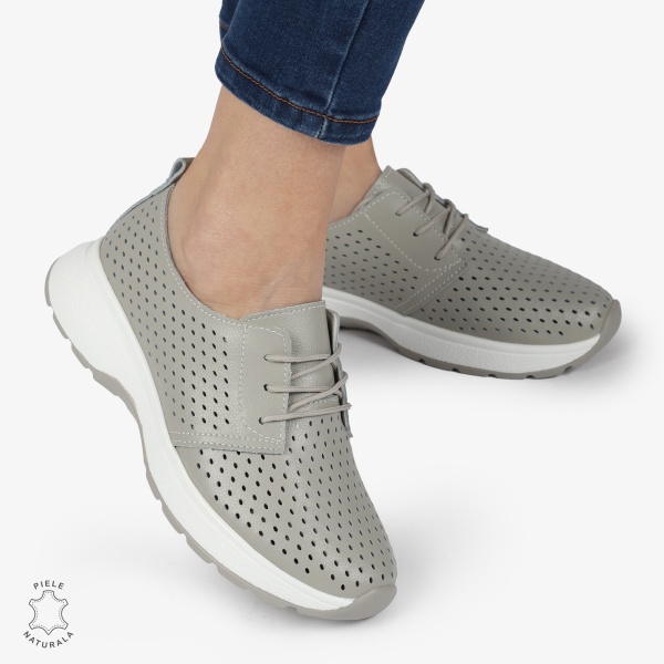 PANTOFI CASUAL dama din Piele naturala Perforata cu Siret CRL1354 GRI - Img 3