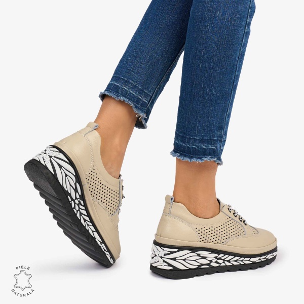 Pantofi Casual dama din Piele Naturala perforata talpa speciala cu model CRL1073 CULOARE: BEJ - Img 2