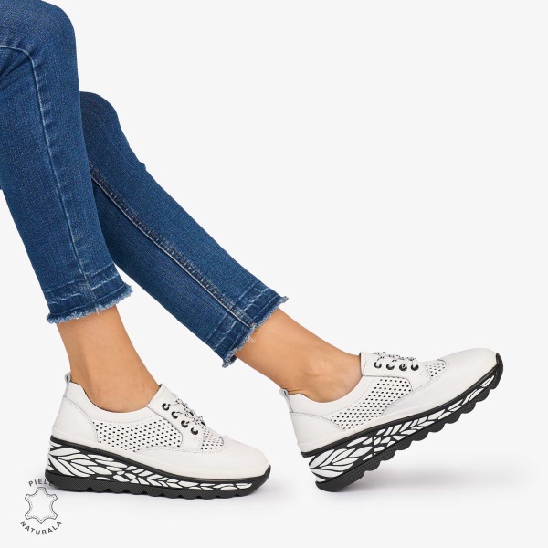 Pantofi Casual dama din Piele Naturala perforata talpa speciala cu model CRL1073 CULOARE: ALB - Img 2