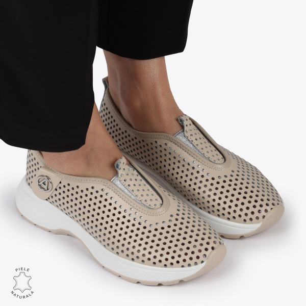 PANTOFI CASUAL dama din Piele naturala Perforata TIP SLIP-ON CRL1415 BEJ - Img 2
