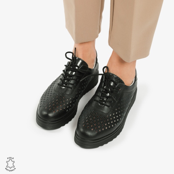 Pantofi Casual dama din piele naturala Perforati CRL0782 NEGRU - Img 3