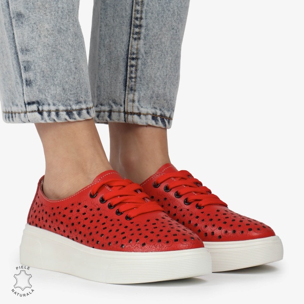 Pantofi Casual dama din Piele naturala PERFORATI USORI CU SIRET CRL1341 ROSU - Img 3