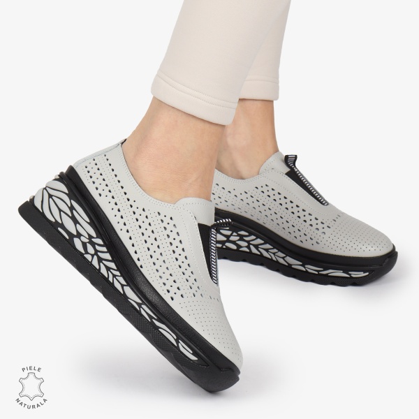 Pantofi Casual dama PERFORATI din Piele naturala CU DESIGN PE TALPA SLIP-ON CRL1338 GRI - Img 2