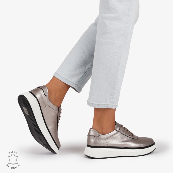 Pantofi Casual Dama Piele Naturala CRL1002 Culoare: PEWTER - Img 2