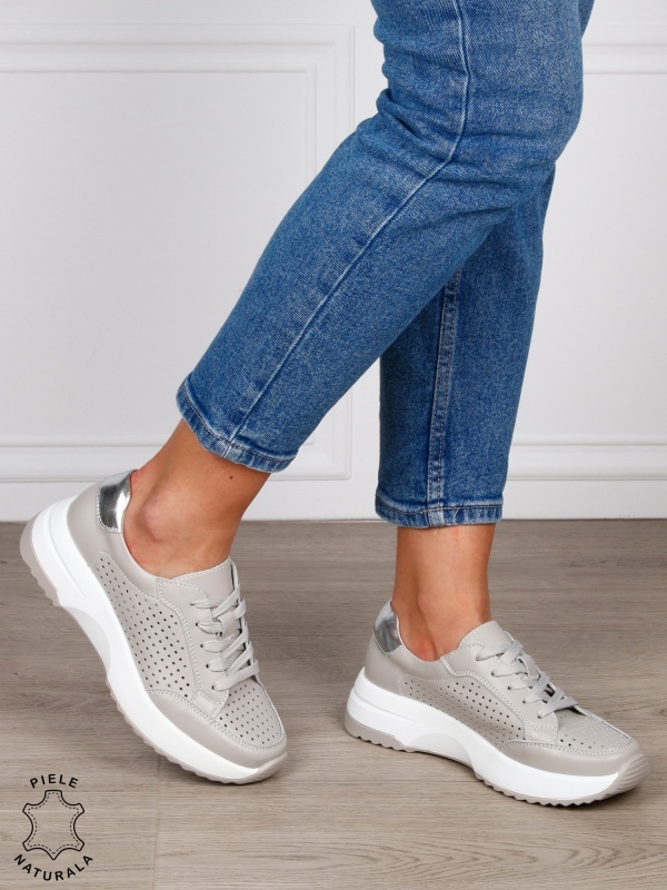PANTOFI CASUAL Dama Piele Naturala cu mici perforati confortabile CRL1596 GRI - Img 3