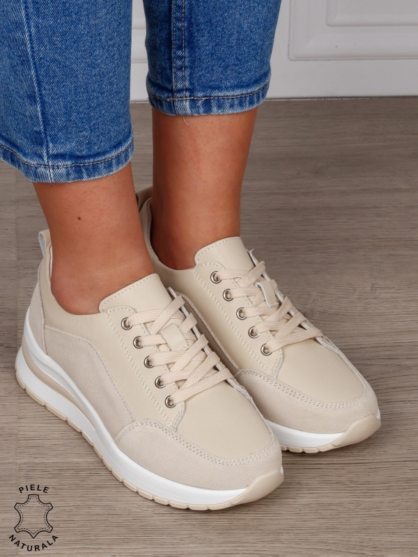 PANTOFI CASUAL Dama Piele Naturala cu siret CRL1593 BEJ - Img 2