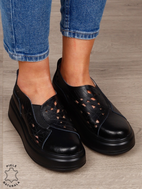 PANTOFI CASUAL Dama Piele Naturala Perforat Slip-on CRL1594 NEGRU - Img 2