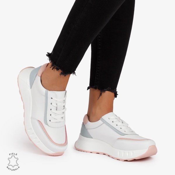Pantofi Casual de dama din Piele Naturala COMODE MULTICOLOR CRL1215 ALB CU ALBASTRU - Img 3