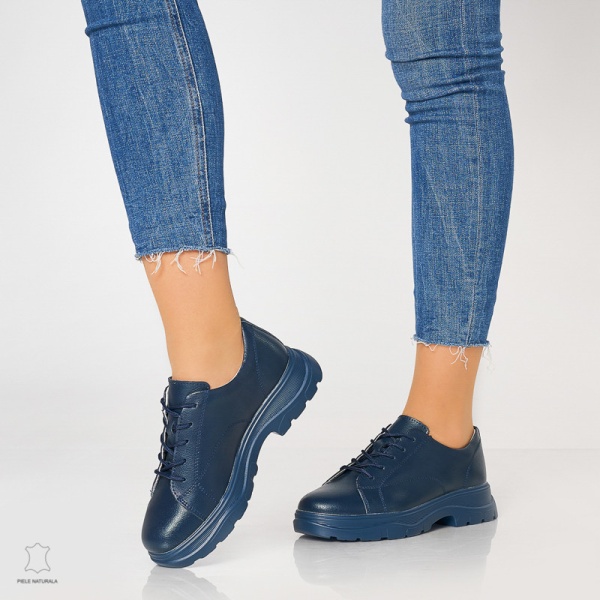 Pantofi casual de dama din piele naturala cu talpa aderenta CRL0010 Navy - Img 2