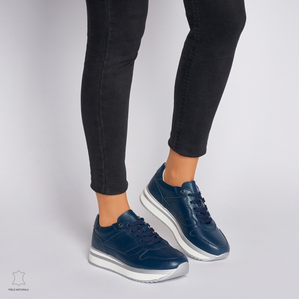 Pantofi casual de dama din piele naturala cu talpa groasa CRL0001 Bleumarin - Img 2