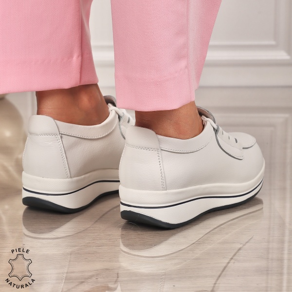 Pantofi casual de dama din piele naturala cu talpa groasa CRL0005 Alb - Img 3