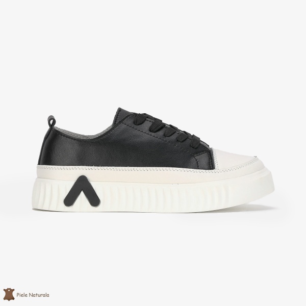 Pantofi Casual de dama din Piele naturala cu talpa groasa CRL0489 NEGRU CU ALB - Img 2
