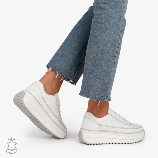 Pantofi Casual de dama din Piele Naturala cu talpa Inalta CRL1201 ALB - Img 3