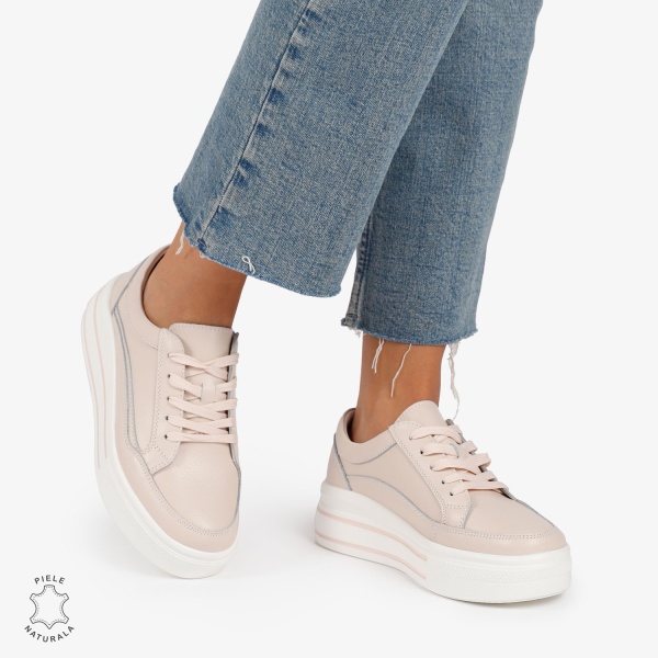 Pantofi Casual de dama din Piele Naturala cu talpa inalta si Dungi CRL1203 Roz - Img 2
