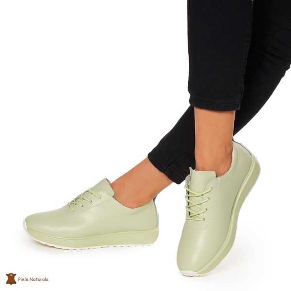 Pantofi casual de dama din piele naturala cu talpa plata CRL0024 VERDE - Img 4