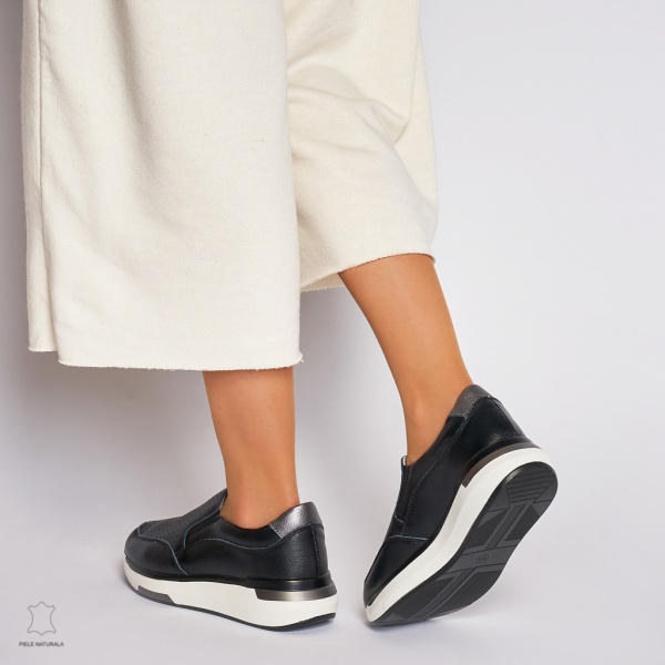 Pantofi casual de dama din piele naturala cu talpa platforma CRL0015 Negri - Img 4