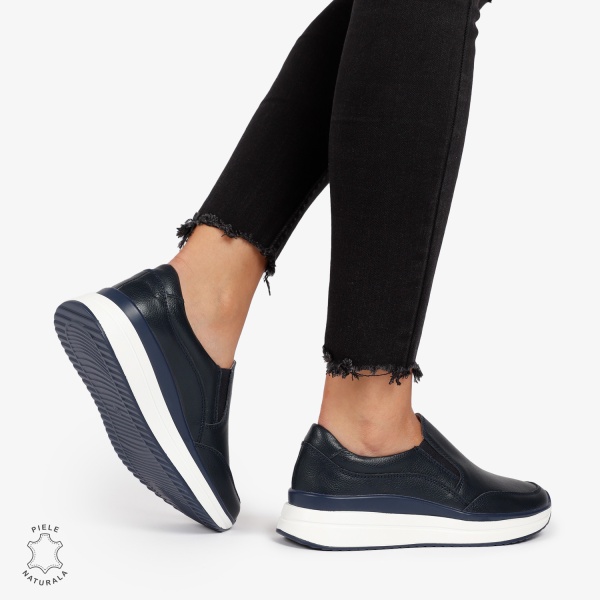 Pantofi Casual de dama din Piele Naturala Slip-On CRL1204 NAVY - Img 3