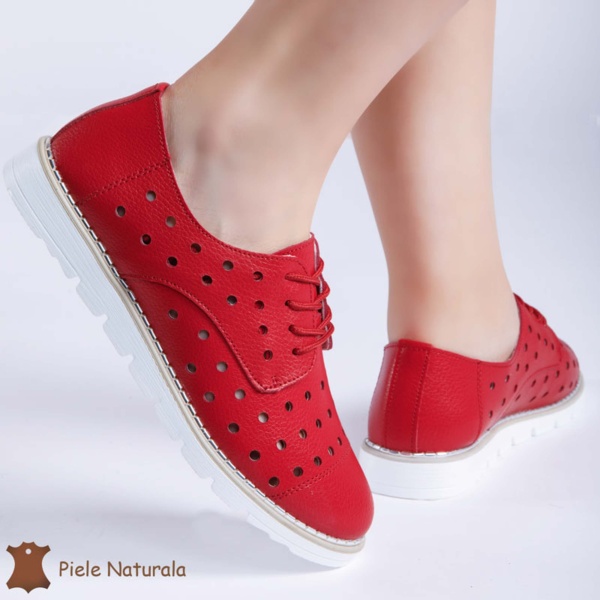 Pantofi Casual de dama perforati din Piele Naturala cu talpa joasa CRL0166 ROSU - Img 2