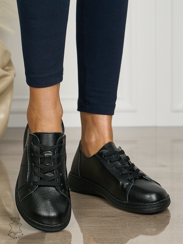 Pantofi casual Negri de dama din piele naturala cu talpa plata CRL0013 - Img 2