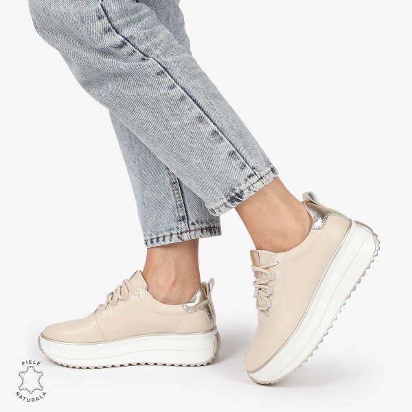 Pantofi CASUAL PIELE NATURALA cu TALPA INALTA CRL1291 BEJ - Img 2