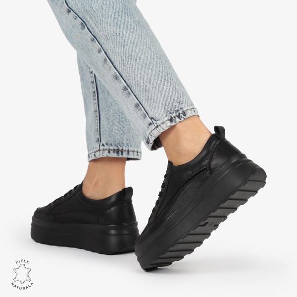 Pantofi CASUAL PIELE NATURALA dunga decorativa cu talpa inalta CRL1261 Negru - Img 2