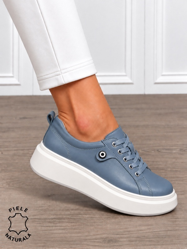 Pantofi damă din piele naturală cu șiret si talpa groasa CRL1858 ALBASTRU - Img 2
