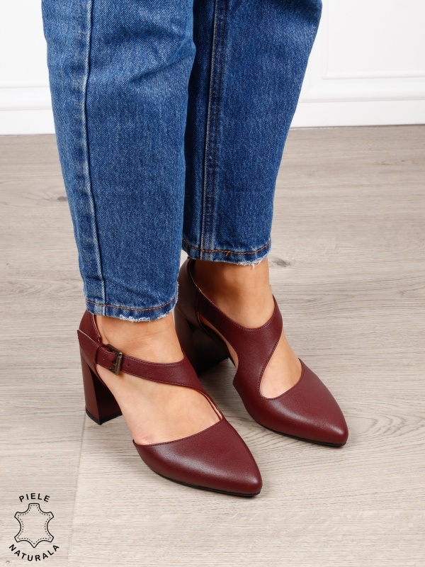 Pantofi dama eleganti din piele naturala cu bareta si toc gros CRL1634 Bordo - Img 3