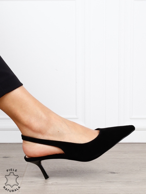 Pantofi dama eleganti din piele naturala Intoarsa cu toc subtire si varf ascutit CRL1616 NEGRU - Img 2