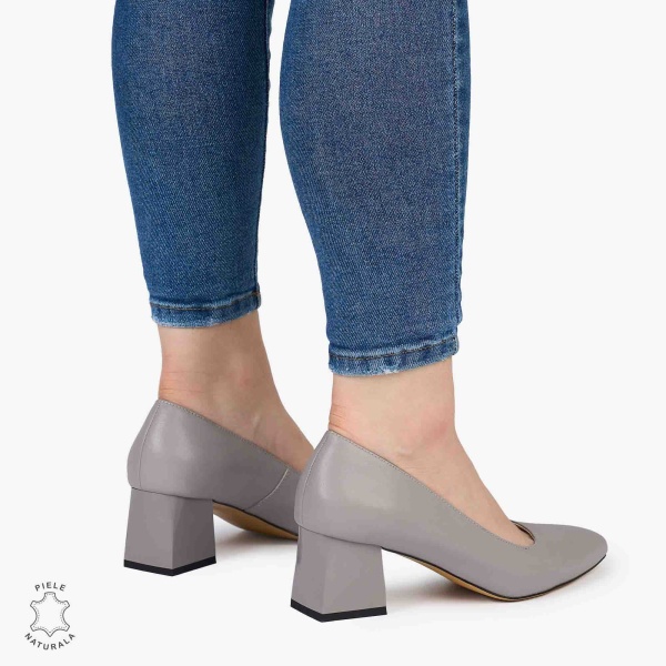 Pantofi Eleganți dama din Piele Naturala CU TOC MIC CRL0981 GRI - Img 3