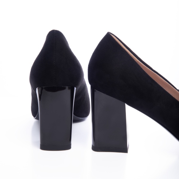 Pantofi Eleganti din Piele Ecologica cu model si toc Gros CRL0725 negru suede - Img 3