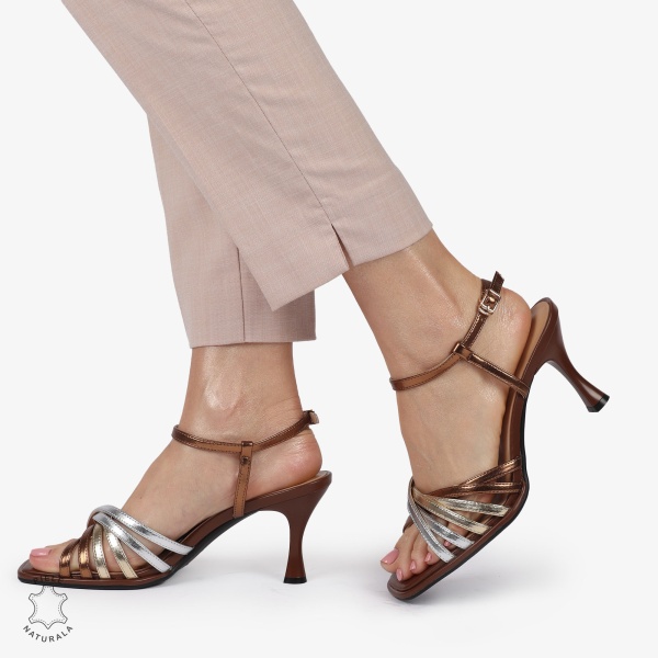 PANTOFI ELEGANTI DIN PIELE NATURALA CU TOC SUBTIRE SI VARF PATRAT CRL01386 BRONZ - Img 3