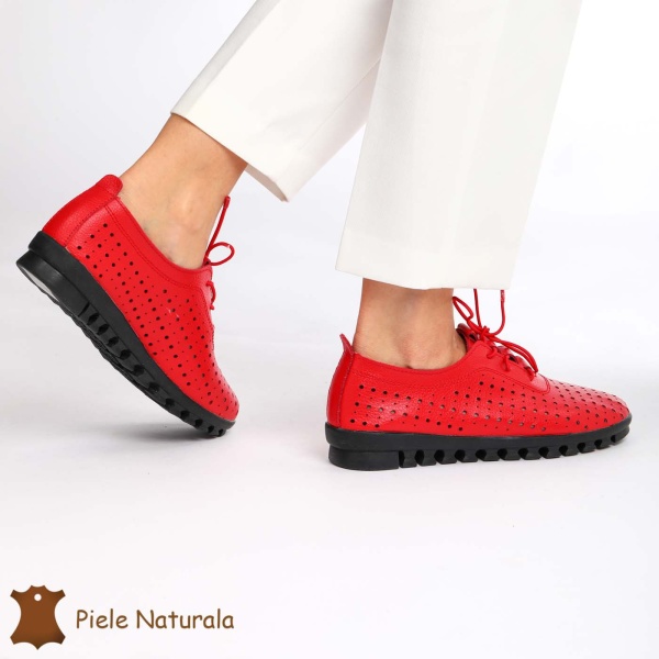 Pantofi Perforati dama din Piele Naturala cu mici perforatii CRL0188 ROSU - Img 4