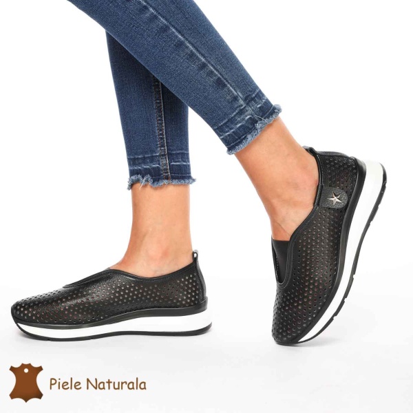 Pantofi Perforati Dama Piele naturală CRL0098 NEGRU - Img 2
