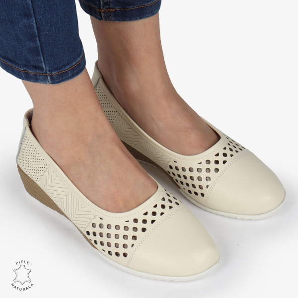 Pantofi Perforati Dama Piele Naturala Slip-on CRL0077 BEIGE - Img 2
