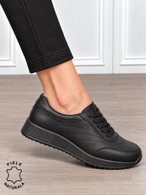Pantofi sport damă din piele naturală cu cataramă decorativă în partea frontală CRL1895 NEGRU - Img 2